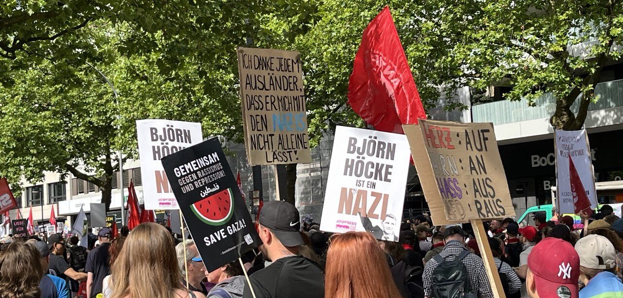 »Björn Höcke ist ein Nazi« und weitere Schilder auf einer Anti-AfD-Demo